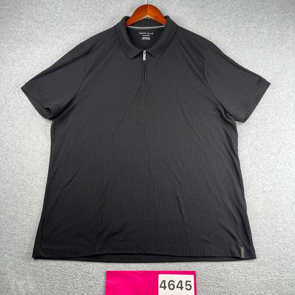 Perry Ellis Polo Shirt 1/4 Zip Black Casual Ribbed Stretch Mens XL Classic